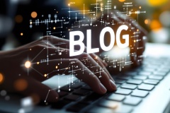 Blogging Concept, Hands Typing on Laptop with "BLOG" Graphic, Online Content Creation, Person Writing Blog Post on Laptop with Tech Background